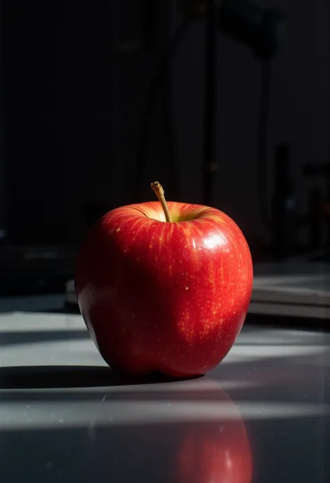 a hero shot of an apple sitting on a table in studio lighting