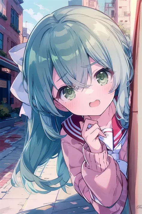 highres, (masterpiece, best quality:1.0), highly detailed beautiful face and eyes,1girl, solo , upper body, paniking,(chibi:1.1), outdoors, cityscape, (peeking out:1.5), (wall:1.2),
tokikureha, kanbauniform, green hair, white hair bow ,sailor collar, (white necktie:1.1),long sleeves,cardigan,
<lora:envybetterhandsLocon_beta2:1> <lora:tokikureha_v2_lora:0.8>