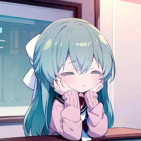 paniking,hands on own face, indoors, closed eyes, full-face blush, sitting, indoors, desk,(chibi:1.5)
<lora:tokikureha_v2_lora:1> tokikureha, kanbauniform, green hair, white hair bow ,sailor collar, white necktie,long sleeves,cardigan,
(masterpiece, best quality:1.0), highres, absurdres, 1girl, solo