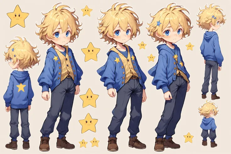 1boy, unruly wavy hair sandy, cornflower blue cardigan with long dark pants, yellow star hair clip
<lora:Character Design:1> character design, sheet, style, multiple angles facing front side and back