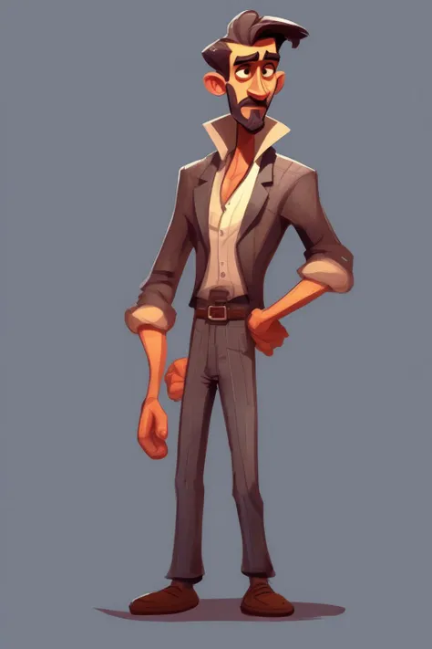 <lora:Character Design:1>Character Design - Create a fullbody Male stylized 2D character for a mobile game with a distinctive, hand-drawn appearance. The artwork should have a strong outline and feature cel-shading to create depth and contrast. Utilize a limited color palette with saturated hues to emphasize the character's personality and mood. The style should evoke a sense of nostalgia, reminiscent of classic animated films and comic book illustrations. Shapes and proportions should lean towards being slightly exaggerated, giving the characters a unique and memorable look. The overall art direction should remain consistent and coherent, ensuring that all characters created with this style feel like they belong to the same captivating, mafia-themed world. Design a character named Don Oatfield, the cunning and powerful leader of the Oatfield Syndicate in the mafia-themed world. He should have a distinguished appearance, with sharp features and a piercing gaze that commands respect. Incorporate elements such as a tailored three-piece suit, a silk tie, and polished dress shoes to convey his wealth and authority. His facial expression should be stern and calculating, with a hint of a smirk that suggests he's always thinking several moves ahead. Accessorize Don Oatfield with a gold watch and cufflinks, as well as a signature signet ring that symbolizes his position within the criminal underworld.
