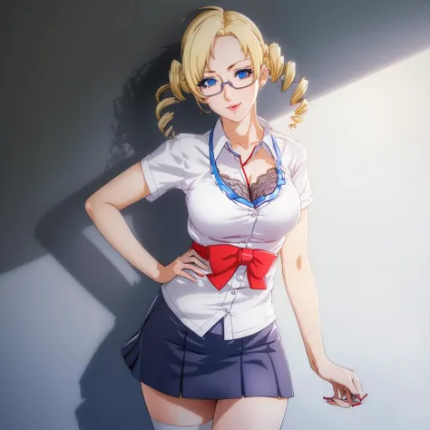 <lora:CathrineV1:0.6>,((teacher outfit,glasses, short skirt)),blue eyes, catherine, solo, 1girl, breasts,blonde hair, drill hair, twin drills, ribbon, twintails,