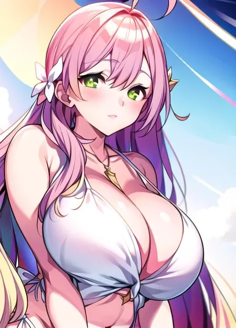 bikini,gigantic breasts,masterpiece,wind,best quality,lens flare,beautiful detailed glow,dynamic angle,depth of field,light_leaks,Amazing,finely detail,extremely detailed CG, <lora:komeshirokasu-v1:0.8>, <lora:hanakoBlueArchive_v1:1>