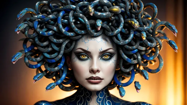 medusa, Steel Gray Cobalt Blue, intricate serpent skin, masterpiece, the best quality, 16k, UHD, HDR, <lora:medusa_v8:0.8>, coiling, serpent, snakes, extraordinary skin details, intricate, perfect eyes, symmetric, intense makeup, eyeliner, messy hair, derailed, unhinged, uncanny, screaming