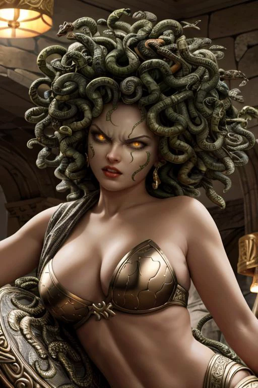 (very high resolution), (quality of masterpiece), dark and detailed sculpture, (Medusa: 1.3, Gorgona: 1.2), snakes, green eyes, sharp teeth, scales, (shadow and light), threatening, sinister, beautiful