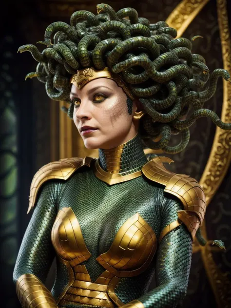 <lora:medusa_v8-000008:1>,close-up portrait painting,medusa,serpent warrior armor,intricate highly detailed black ocher (serpent skin:1.2),indoors background,