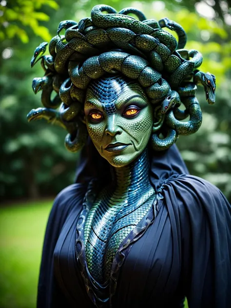 <lora:medusa_v8-000008:1>, portrait photograph,medusa,serpent ragged cloth dress,intricate highly detailed black blue (serpent skin:1.2),outdoors background,