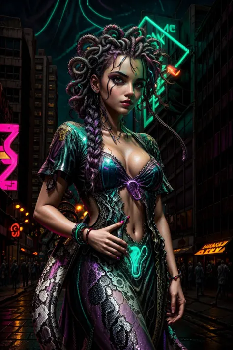 <lora:Mythology_Medusa:0.7> <lora:hairstyle-long_braid:0.7> <lora:epi_noiseoffset2:1> <lora:more_details:1> (best quality:1.2), (masterpiece:1.2), (realistic:1.1), (detailed:1.33), (high-contrast), (deep-shadows), (sharp-focus:1.5), RAW photograph, (ultrarealistic) 32k, flawless, In a (neon-lit:1.4) cyberpunk city, on a (rainsoaked:1.2) street, Medusa is an icon of futuristic fashion, blending bioengineered fabrics and holographic iridescent scales, (purple neon, blue neon:1.2), (long hair braid, braided snakes), very long hair, reptile eyes, neon purple, neon blue, metropolis, (cinematic lighting, futuristic background:1.2), cowboy shot, (yellow, orange:0.1)