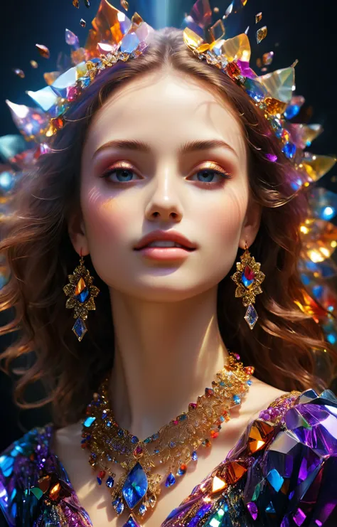 triadic colors, head and shoulders, solo, realistic, photorealistic, best quality, masterpiece, ultra high res, finely detailed, quality, realistic lighting, detailed skin, intricate details, raw photo, absurdres, highres, ultra detailed sapphicraft stunning Gomero woman with a small smile of possibility, the chaotic prism, detailed face, stunning beauty, detailed skin, skin texture, skin pores, (freckles:1.05), cinematic <lora:sapphicraft:1>, gold filigree, (god rays:1.2), Broken Glass effect, no background, stunning, something that even doesn't exist, mythical being, energy, molecular, textures, iridescent and luminescent scales, breathtaking beauty, pure perfection, divine presence, unforgettable, impressive, breathtaking beauty, Volumetric light, auras, rays, vivid colors reflects BREAK gorgeous makeup, stunning beauty, detailed skin, skin texture, skin pores, (freckles:1.15) BREAK (reflection, refraction, Rembrandt lighting, diffuse lighting, radiosity, photon mapping, subsurface scattering, atmospheric lighting, dynamic lighting, Multi-exposure HDR capture, Screen Space Global Illumination, Ray Tracing, Lumen Reflections, Tone Mapping, volumetric lighting, Circular polarizer, broad lighting, dramatic lighting, moody lighting:1.3), (explosive light and shadow, lens flare, light particle, lens glare, light particles, Luminescent Particles, floating particles, particles:1.2), (depth of field, blurry foreground, sharp focus, perspective, aerial perspective, film grain, film:1.4), (colorful refraction, iridescent colors, Iridescence:1.1), (dark studio, rim lighting, two tone lighting, dimly lit, low key, rim light, dark theme), watercolor style, soft blending, dreamy washes, delicate textures, brilliant colors, action painting, gestural marks, dynamic brushwork, expressive motion, spontaneous technique, abstract expressionism, energetic compositions, action pose, vibrant glow, dynamic colors, reflective surfaces, Overdetailed art, Water color painting, (atmosphere, Cosy, Peaceful, Hopeful:1.1), (Glowing ambiance, enchanting radiance, luminous lighting, ethereal atmosphere, mesmerizing glow, evocative hues, captivating coloration, enchanting aura, melanchonic soft light:1.1), official art, beautiful and aesthetic, beautiful, (zentangle, mandala, tangle, entangle), (ecstasy of flower:1.1), the most beautiful form of chaos, elegant, a brutalist designed, vivid colours, romanticism, atmospheric, warm tone, soft light, (fractal art) BREAK delicate, Ultrarealistic, drawing, Detailed illustration, extremely detailed CG Unity 8k wallpaper, cinematic, dramatic, PBR Texturing, huge filesize, 8k uhd, octane render, unreal engine 5 <lora:xl_more_art-full_v1:0.5>