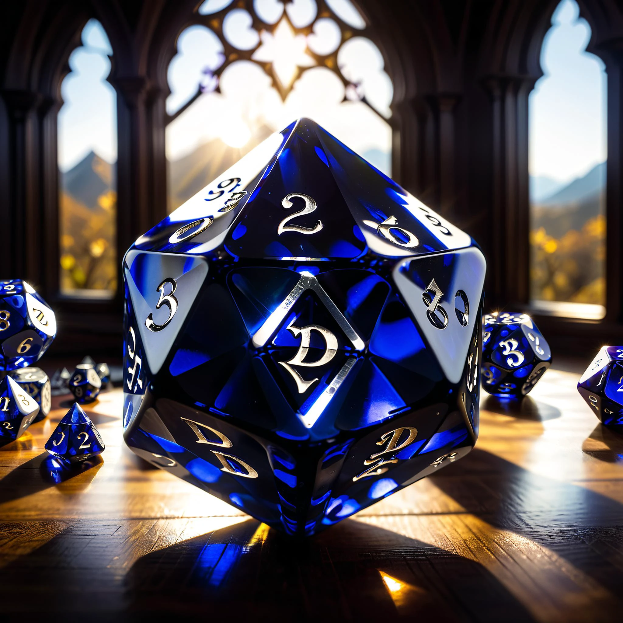 <lora:sapphicraft:0.8> sapphicraft, spc1, Gothic style, close up of one D&D Dice D20, on a woodem table with sunlight entering through the window. , Dark, mysterious, haunting, dramatic, ornate, detailed
