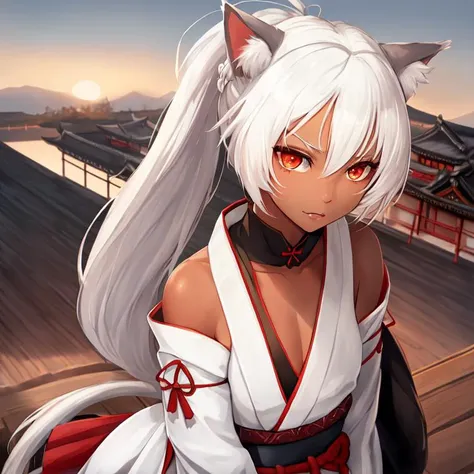 Solo Subject, white hair, white cat ears, ((dark tan skin)), (red eyes), (((catgirl))), ((samurai), ponytail, forehead, japanese landscape background, upper body