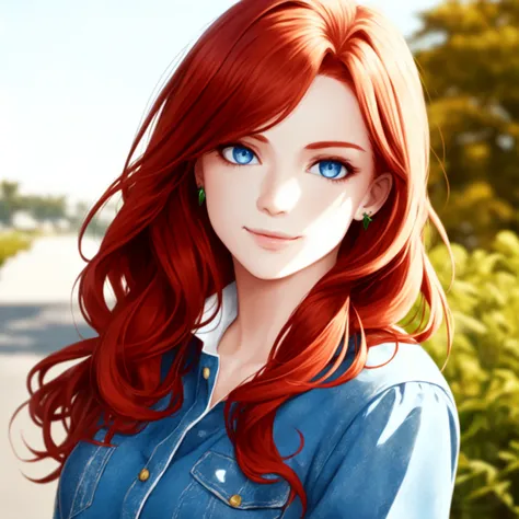 (american:1.4) (irish:1.4) red-hair woman, blue eyes, modern clothes