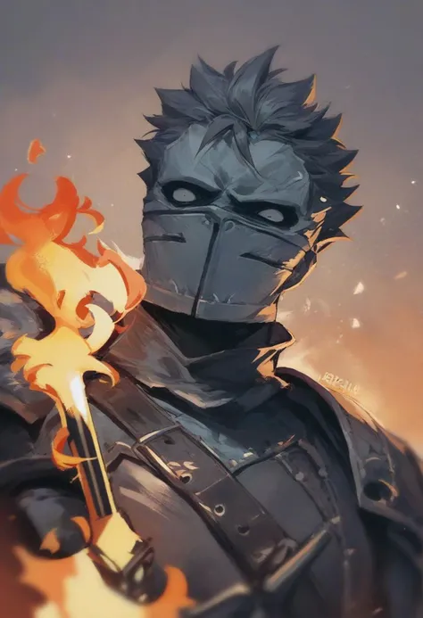 score_9, score_8_up, score_7_up, score_6_up, source_anime, upper body, constricted pupils,  shaded face, sweatdrop,alt outfit,masterpiece,holds a flaming sword,Cut off a head,Faraam Knight