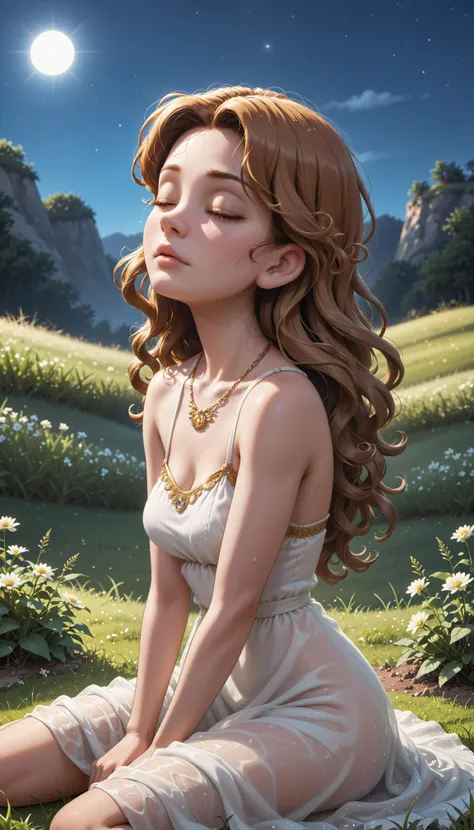 This is a photograph of a woman sitting in a field of tall grass, with her eyes closed and her head tilted back, looking up at the sky.  The woman is wearing a white dress with a sheer, flowing fabric that flows down to her feet.