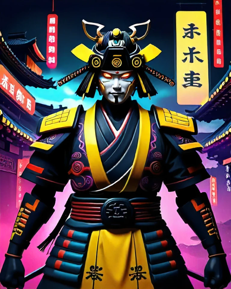 male, dark synthwave style, super detailed, (full detail),scenery, <lora:JJsCyberPunkCity_XL:0.61>, BREAK (style-swirlmagic:0.8), solo, from front, front view, (full body:0.6), (glowing eyes:1.1),looking at viewer, detailed background, detailed face, (<lora:CulturePunkAI_3:0.6>, SamuraiPunkAI theme:1.1), cyber-shaman, transcendent demeanor wearing yellow shamanic clothes, decorative bolts, union of tribal rituals and engineering, sacred geometry, , tapping into spiritual technology, digital magic, floating particles, flickering neon lights, cinematic atmosphere,,