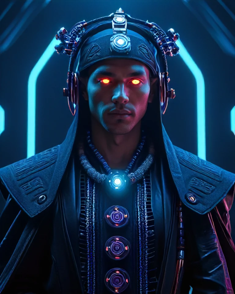 male, dark synthwave style, super detailed, (full detail),scenery, <lora:JJsCyberPunkCity_XL:0.61>, BREAK (style-rustmagic:0.8), solo, (full body:0.6), (glowing eyes:1.1),looking at viewer, detailed background, detailed face, (<lora:TechPunkAI:0.4>, valvepunkai, retro-futuristic theme:1.1), cyber-shaman, enigmatic expression, resolute aura, wearing shamanic robes, implants, tribal quantum markings, ceremonial totemic amulet, intertwining of tribal rituals and engineering, quantum pulse diviniation, , synaptic ceremony, , AI spirit, tapping into machine magic, flickering LED lights, epic atmosphere,,