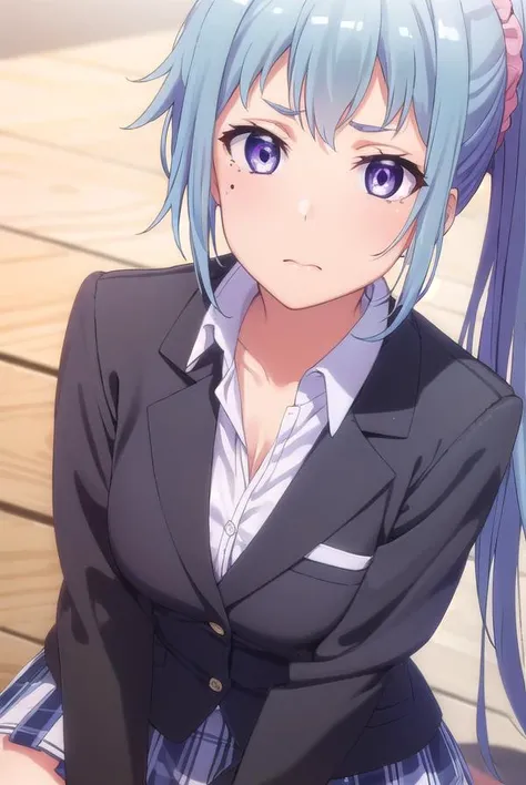 sakikawasaki, <lora:saki kawasaki s2s3-lora-nochekaiser:1>,
saki kawasaki, long hair, hair ornament, blue hair, (purple eyes:1.1), ponytail, mole, mole under eye, scrunchie, hair scrunchie, pink scrunchie,
BREAK skirt, ribbon, school uniform, jacket, black jacket, plaid, plaid skirt, blazer, sobu high school uniform,
BREAK indoors, classroom,
BREAK looking at viewer, (cowboy shot:1.5),
BREAK <lyco:GoodHands-beta2:1>, (masterpiece:1.2), best quality, high resolution, unity 8k wallpaper, (illustration:0.8), (beautiful detailed eyes:1.6), extremely detailed face, perfect lighting, extremely detailed CG, (perfect hands, perfect anatomy),
