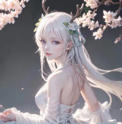 (best quality:1.2), (masterpiece:1.2), (highres:1.2),(Extreme detail:1.2),1girl,long_hair, (solo:1.7), flower, white_hair,medium_breasts, white_dress,blue_eyes,upper_body,Beautiful face, <lora:epoch-000002:0.8>,black background,