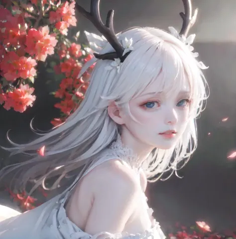 (best quality:1.2), (masterpiece:1.2), (highres:1.2),(Extreme detail:1.2),1girl,long_hair, (solo:1.7), flower, white_hair,medium_breasts, white_dress,blue_eyes,upper_body,Beautiful face, <lora:epoch-000002:0.8>,black background,