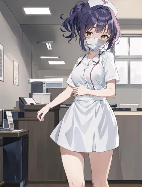 ((masterpiece, best quality, high quality)),1girl, (lower body, hospital), <lora:Old_nurse_3dg:0.5> (nurse_uniform_big, mask, nurse cap, mouth mask, nurse, surgical mask, elbow gloves), <lora:Akiko Satou:0.7> (akiko satou, 3dcg 01, 1girl, solo, twintails, brown eyes, medium breasts, medium hair, mole under eye, dark blue hair, double side ponytail)