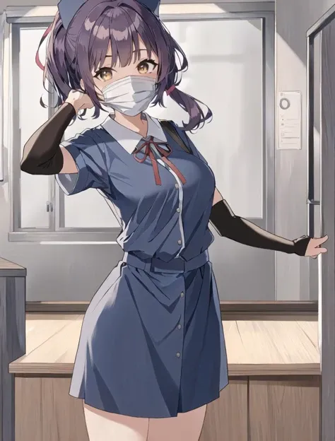 ((masterpiece, best quality, high quality)),1girl, (lower body, hospital), <lora:Old_nurse_3dg:0.5> (nurse_uniform_big, mask, nurse cap, mouth mask, nurse, surgical mask, elbow gloves), <lora:Akiko Satou:0.7> (akiko satou, 3dcg 01, 1girl, solo, twintails, brown eyes, medium breasts, medium hair, mole under eye, dark blue hair, double side ponytail)