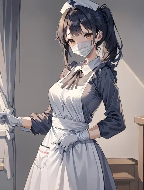 ((masterpiece, best quality, high quality)),1girl, (lower body, hospital), <lora:Long Nurse Apron 2:0.8> (nurse_long_apron, apron, mask, nurse cap, surgical mask, nurse, long sleeves, latex gloves), <lora:Akiko Satou:0.7> (akiko satou, 3dcg 01, 1girl, solo, twintails, brown eyes, medium breasts, medium hair, mole under eye, dark blue hair, double side ponytail)