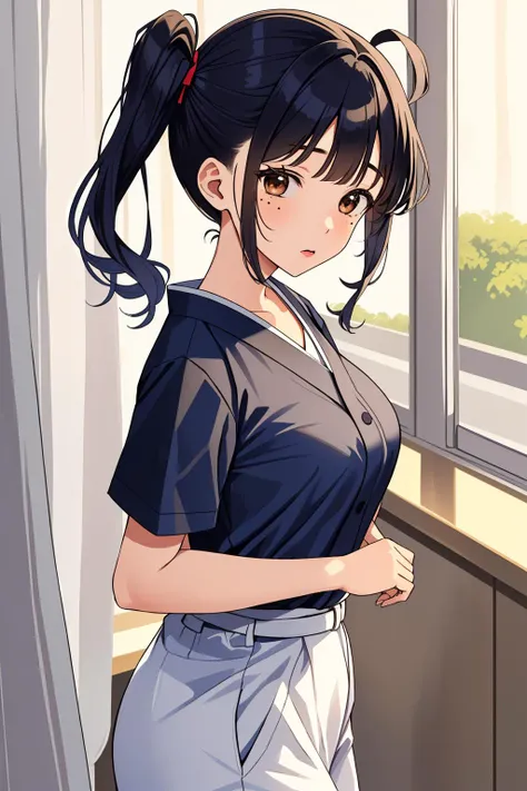 ((masterpiece, best quality, high quality)),1girl, (hospital), <lora:infirmary_v0.1:0.5> infirmary, <lora:Akiko Satou:0.7> (akiko satou, 3dcg 01, 1girl, solo, twintails, brown eyes, medium breasts, medium hair, mole under eye, dark blue hair, double side ponytail)