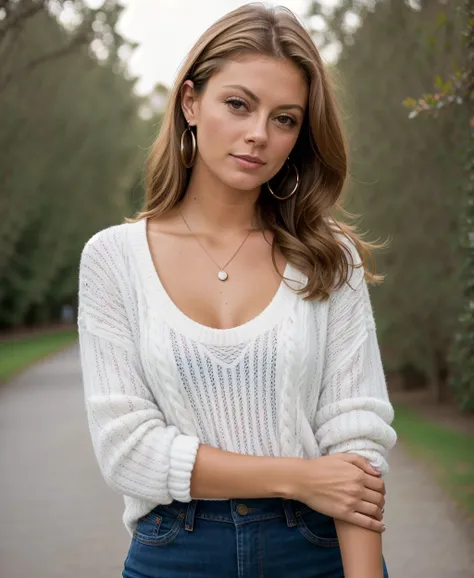 susansarandon, sweater, jeans , outside, park, woman , portrait, (8k, best quality, masterpiece:1.2), (realistic, photo-realistic:1.37), ultra high res, ultra-detailed, incredibly beautiful girl,