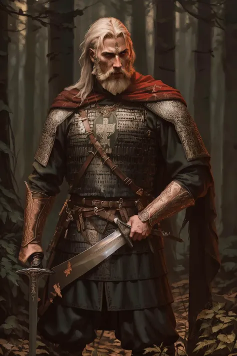 male Slavic warrior in the forest, standing, sword in hand,  art, artstation, Goth, solo, looking at viewer, red eyes, black background, portrait, glowing eyes, dramatic, harsh, intense, nightmare, intricate details, hyper detail, cinematic, dark frame, grainy film, soothing tones, muted colors, techno color, sl4v1ccr0wn3y35