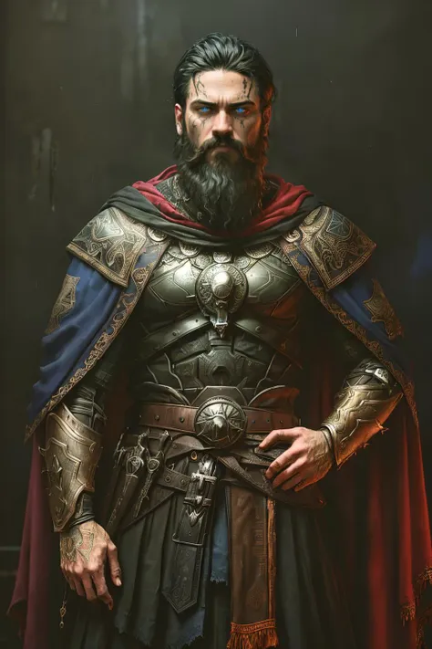 1boy, black background, portrait, glowing eyes, dramatic, gritty, intense, nightmare, intricate details, hyper-detailed, cinematic, dark frame, grainy film, soothing tones, muted colors, colorful, sl4v1ccr0wn3y35, , athletic man in ornate heavy armor, black hair, colorful beard, blue eyes, red cape, hands on hips, night, realistic