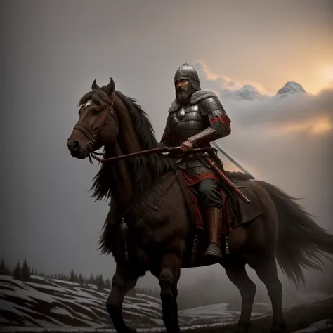 a man slavic warrior in winter <lora:slavic:1> art, artstation, foggy background, epic realistic, rutkowski, hdr, intricate details, hyperdetailed, cinematic, rim light, muted colors:1.2