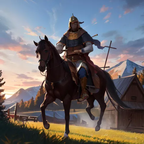 (masterpiece, best quality, absurdres), dynamic lighting, 4k, realistic, <lora:slavic:1> 1man, (detailed face, detailed body):1.2, (setting: slavic village), palisade wall