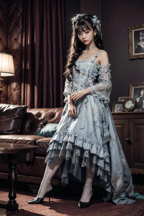 (realistic:1.3), finely detailed, quality, rembrandt lighting, (masterpiece:1.2), (photorealistic:1.2), (best quality), (detailed skin:1.3), (intricate details), dramatic, ray tracing, 1girl, japanese girl, 21 years old, detailed skin texture, (blush:0.5), (goosebumps:0.5), subsurface scattering, smiling, medium breasts, long hair curls, bangs, hair between eyes, headdress, choker, ribbon, bow, cyan dress, long dress, lace, frills, detached sleeves, long sleeves, ngmd \(manaka nemu\), lace socks, high heels, full body, (arms at side:1.2), (bright sunny day, indoors, lavish living room, girly feminine decor), <lora:Dress No.10 V3 ngmd:0.9>