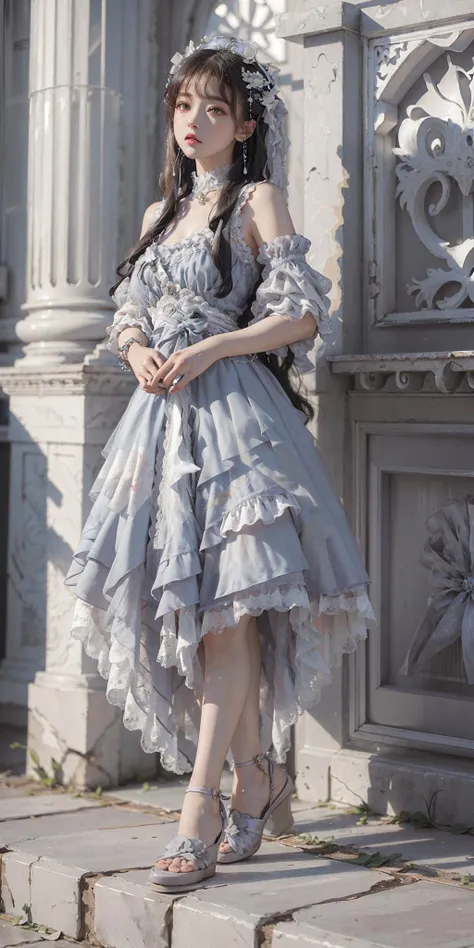 best quality, ultra high res, (photorealistic:1.4), masterpiece, highres, original, extremely detailed wallpaper, (stone walkway:1.3), 1girl, solo, <lora:Dress No.10 V2.5 ngmd-000006:1>, ngmd \(manaka nemu\), full body,