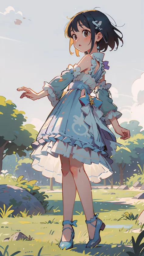 best quality, ultra high res, (photorealistic:1.4), masterpiece, highres, original, extremely detailed wallpaper, 
lawn, sky, 
1girl, solo, ngmd \(manaka nemu\), cyan dress, 
air guitar, <lora:è´é¢neg4all_bdsqlsz:0.8>,
