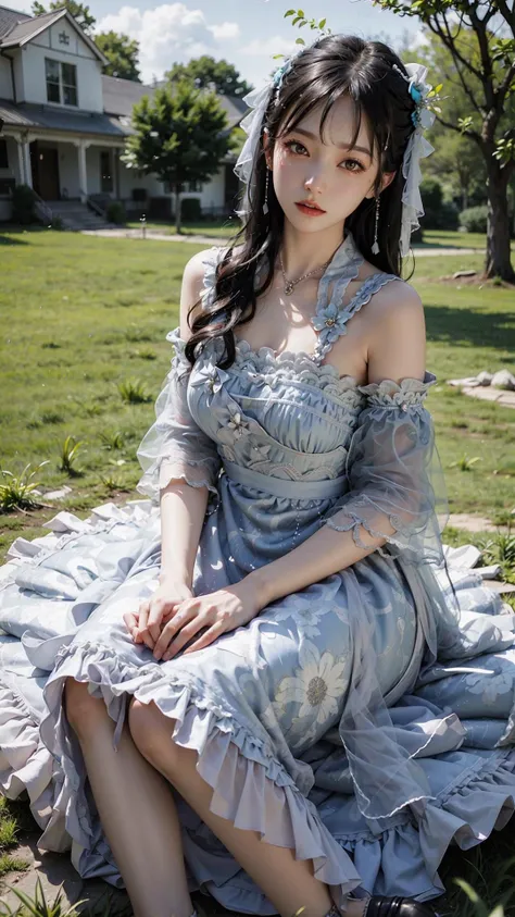 best quality, ultra high res, (photorealistic:1.4), masterpiece, highres, original, extremely detailed wallpaper,
lawn, sky,
1girl, solo, ngmd \(manaka nemu\), cyan dress,
indian style, <lora:è´é¢neg4all_bdsqlsz:0.8>,