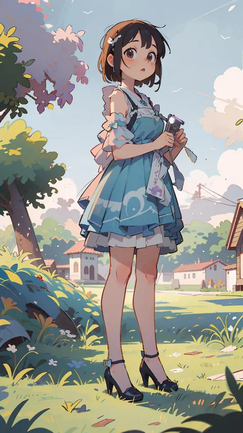 best quality, ultra high res, (photorealistic:1.4), masterpiece, highres, original, extremely detailed wallpaper, 
lawn, sky, 
1girl, solo, ngmd \(manaka nemu\), cyan dress, 
holding condom, <lora:è´é¢neg4all_bdsqlsz:0.8>,