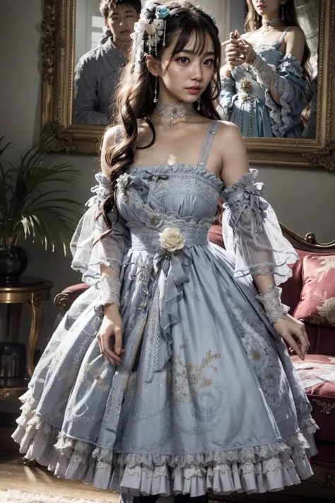 8K, ultra hd, masterpiece, best quality, a beautiful girl, long hair, impressive hairstyle, royal hair jewelry, jewellery earrings, antique jewellery, details eyes, beautiful eyes, meticulous makeup, thin eyebrows, beautiful lips, small breasts, royal dress, blue dress, realistic colors, magic effect, epic scenery, epicness background, perfect body,