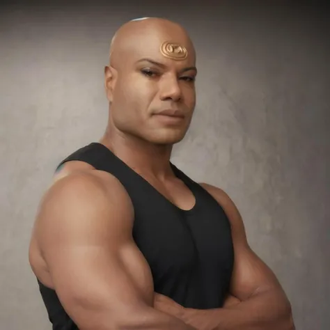 RAW photo of man sgtealc portrait, realistic, movie, cinematic, standing, fit, concerned, military, bald, raised eyebrow, black tank top, bunker, <lora:sgtealc_v1:1>
