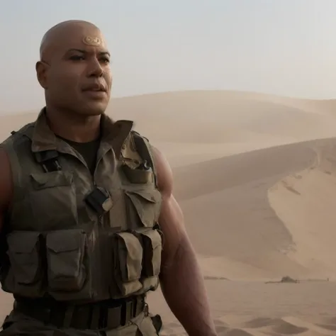 RAW photo of man sgtealc, realistic, movie, cinematic, standing, fit, sandstorm, military, bald, black vest, <lora:sgtealc_v1:1>