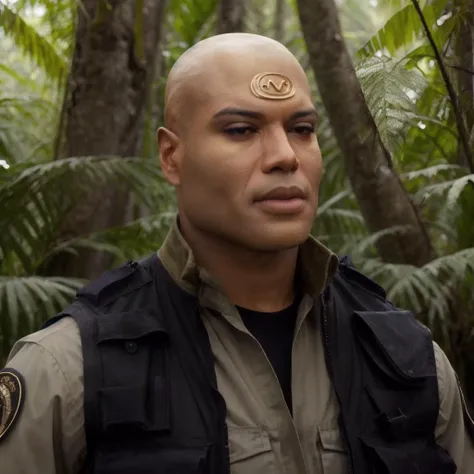 RAW photo of man sgtealc, realistic, , cinematic, standing, fit, jungle, military, bald, one eyebrow raised, black vest, <lora:sgtealc_v1:1>