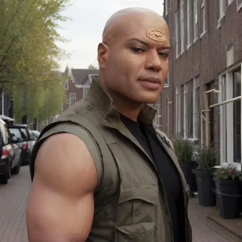RAW photo of man sgtealc, realistic, , cinematic, standing, fit, ancient village, military, bald, (Dutch angle:1.3), black vest, <lora:sgtealc_v1:1>