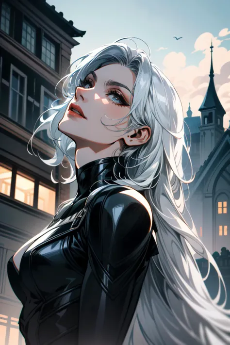 ((ultra detailed, masterpiece, absurdres))
 <lora:SpiderBlackCat:0.9>
SpiderBlackCat, 1girl, white hair, long hair, High angle shot looking up, portraying strength