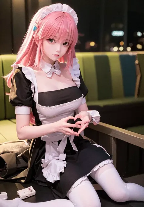 (masterpiece:1.4), (best quality:1.4), (ultra-detailed:1.4),
(best illustration:1.4), (photorealistic:1.4),
(ultra_high_res:1.4), absurdres, PHOTOREALISTIC, (pink_hair:1.2), heart hands, (heart_hands:1.2),
photorealistic, best quality, realistic, masterpiece, an extremely delicate and beautiful, CG, extremely detailed, highres, extremely detailed,depth of field, 1girl, apron, bow, cube hair ornament, dress, frills, gloom (expression), hair ornament, heart, heart hands, long hair, looking away, maid, maid apron, maid headdress, mary janes, one side up, pink hair, shaded face, shoes, short dress, solo, sweatdrop, thighhighs, white thighhighs, zettai ryouiki, <lora:gotou_hitori:1>,
wearing punk black shirt, long hair, blue eyes, messy pink hair, hair between eyes, big breast, bang, ROCKSTAR, on stage, nightclub, colorful lights, nightclub_background,