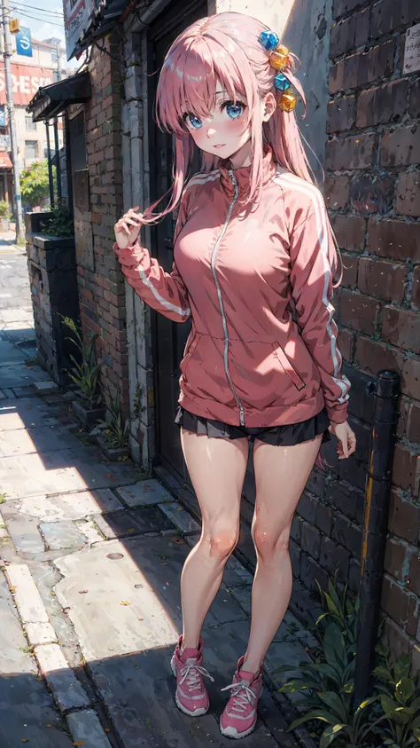 standing,cityscape,street,alleyway,lamppost,<lora:gotou_hitori:1>, 
hair ornament, cube hair ornament, blue eyes, pink long hair, pink track jacket, bangs, hair between eyes,
shy,blush,, masterpiece, best quality,, masterpiece,bestquality,highlydetailed,ultra-detailed,extremely detailed CG unity 8k wallpaper, illustration, lens 135mm,1girl,, <lora:seiun_sky_lora:0.6>, seiun sky \(umamusume\),