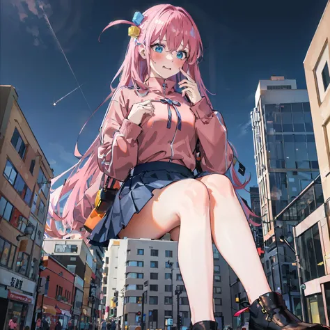 (masterpiece:1.2), (best quality:1.3), highres, ultradetailed, vibrant colors, 1girl, perfect anatomy, giant girl, (crowd of pedestrians:1.1), (cars:1.1), <lora:gotou_hitori_v1:1>, gotou1, gotou hitori, skirt, pink jacket, track jacket, bangs, hair between eyes, long sleeves, medium breasts,  <lora:GTSv5:1>, gts, sitting, scared, shocked, blushing, hands covering mouth, city street
