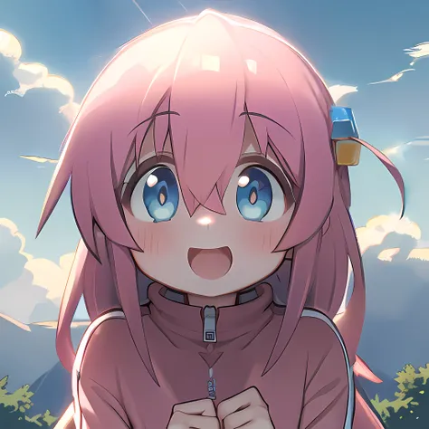 <lora:gotou_hitori:1>, 1girl, hair ornament, cube hair ornament, blue eyes, (pink long hair:1.2), pink track jacket, bangs, hair between eyes, (sky:1.4), (clouds:1.2)
