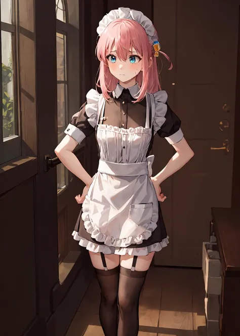masterpiece, (1girl:1.3), apron, bow, cube hair ornament, dress, frills, gloom (expression), hair ornament, long hair, (looking away), maid, maid apron, maid headdress, mary janes, one side up, pink hair, shaded face, shoes, short dress, solo, sweatdrop, thighhighs, white thighhighs, medium breast, <lora:hitoriGotohBocchiThe_v1:1>, hand on hip, portrait