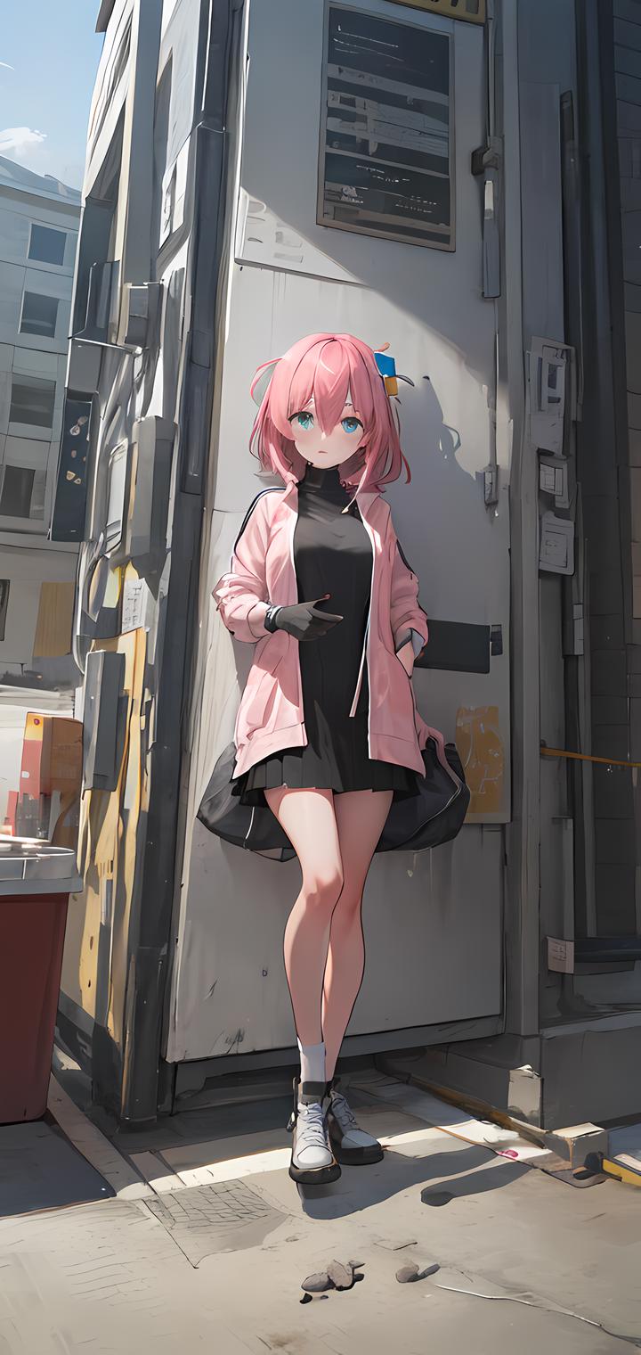 Anime girl in pink jacket and black dress standing in front of a door ...