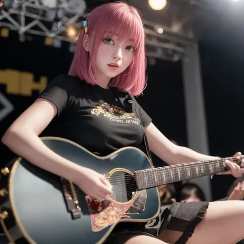 gotou, hair ornament, cube hair ornament, T-shirt, black T-shirt, punk T-shirt, long hair, blue eyes, messy pink hair, hair between eyes, holding guitar, black guitar, big breast, bang, ROCKSTAR, on stage, nightclub, colorful lights, vibrant scene, best quality ,masterpiece, illustration, an extremely delicate and beautiful, extremely detailed ,CG ,unity, Amazing, finely detail, official art, absurdres, incredibly absurdres, ultra-detailed, highres, extremely detailed, beautiful detailed girl, extremely detailed eyes and face, beautiful detailed eyes, light on face, 1girl, full body shot, Particularly strong light, Feminine Expressions,Slim legs, gotou